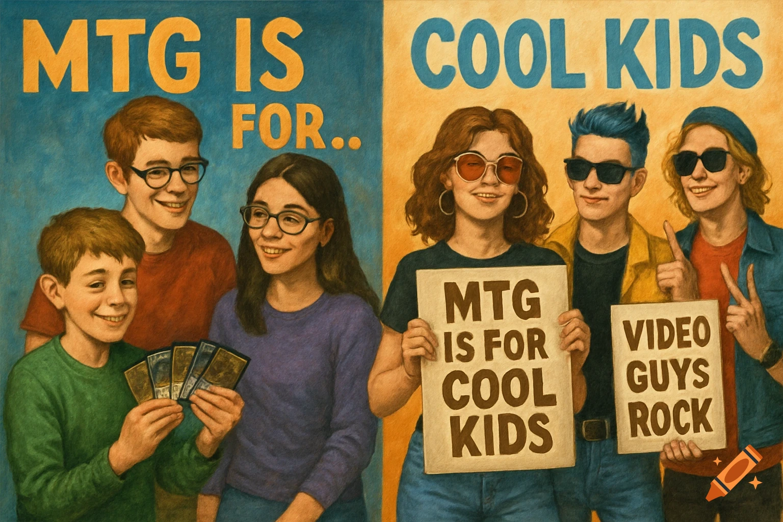 A vintage-style poster depicts two groups of young people; one group holds trading cards, while the other holds signs saying "MTG IS FOR COOL KIDS" and "VIDEO GUYS ROCK."
