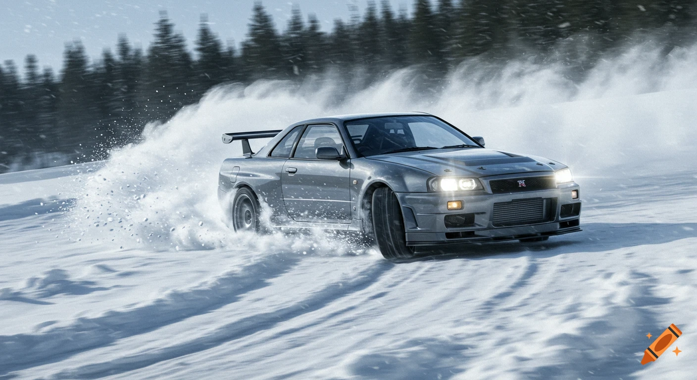 A gray Nissan GT-R R34 drifts through a snow-covered landscape, kicking up snow behind it.