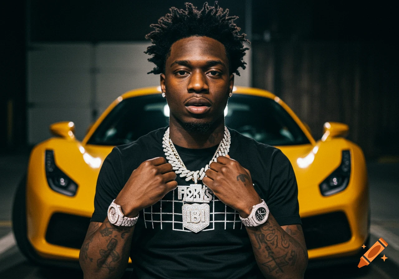 A man with dreadlocks, wearing diamond chains and watches, stands in front of a yellow sports car.