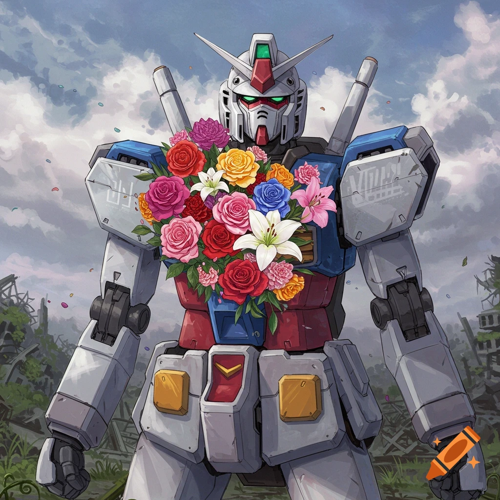 A Gundam robot with a large bouquet of colorful flowers on its chest stands in a destroyed landscape under a cloudy sky in an anime style.