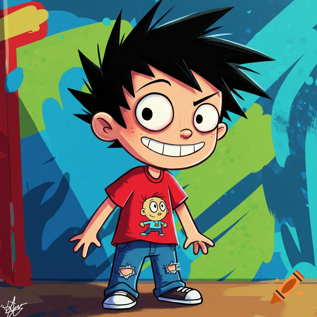 Spiky-haired cartoon boy in a red shirt with a baby character, ripped jeans, and sneakers stands against a colorful graffiti background.