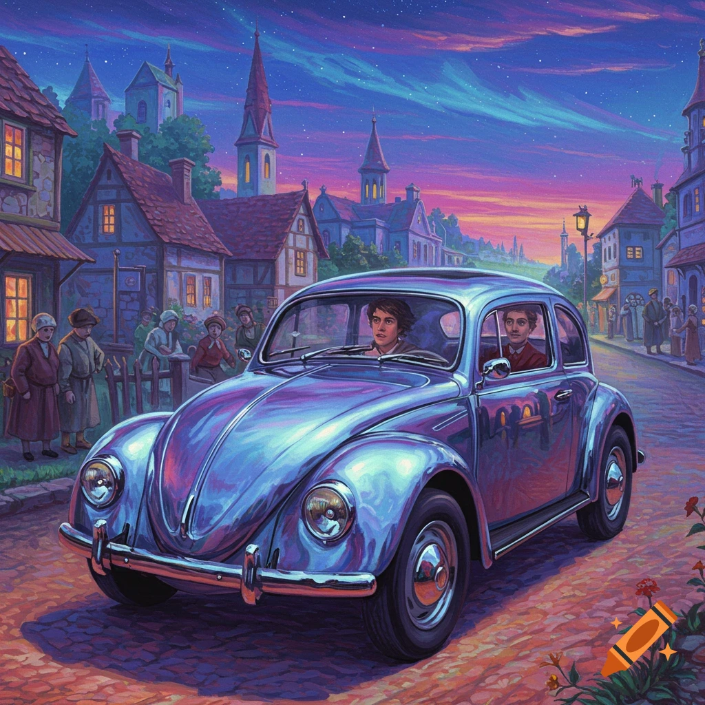 A vibrant, painterly scene of a vintage blue car with two men inside driving down a cobblestone street at dusk, past charming village houses.