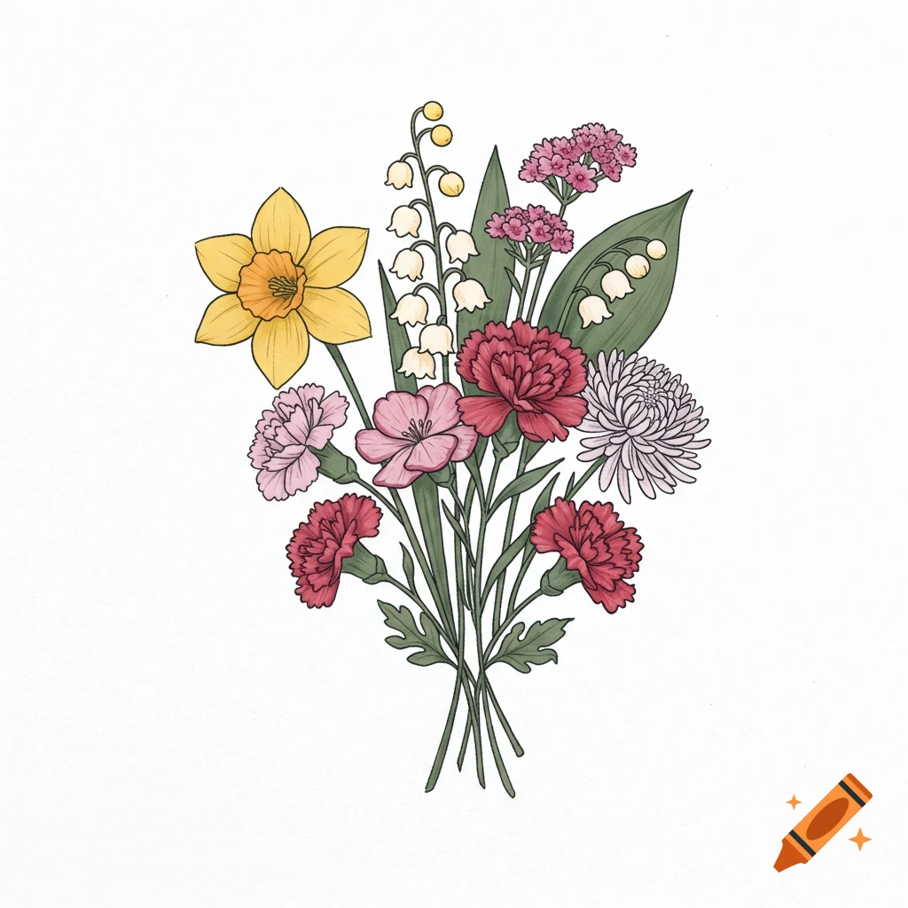 An illustration of a colorful flower bouquet featuring yellow daffodils, white lily of the valley, pink and red carnations, and a light purple chrysanthemum.