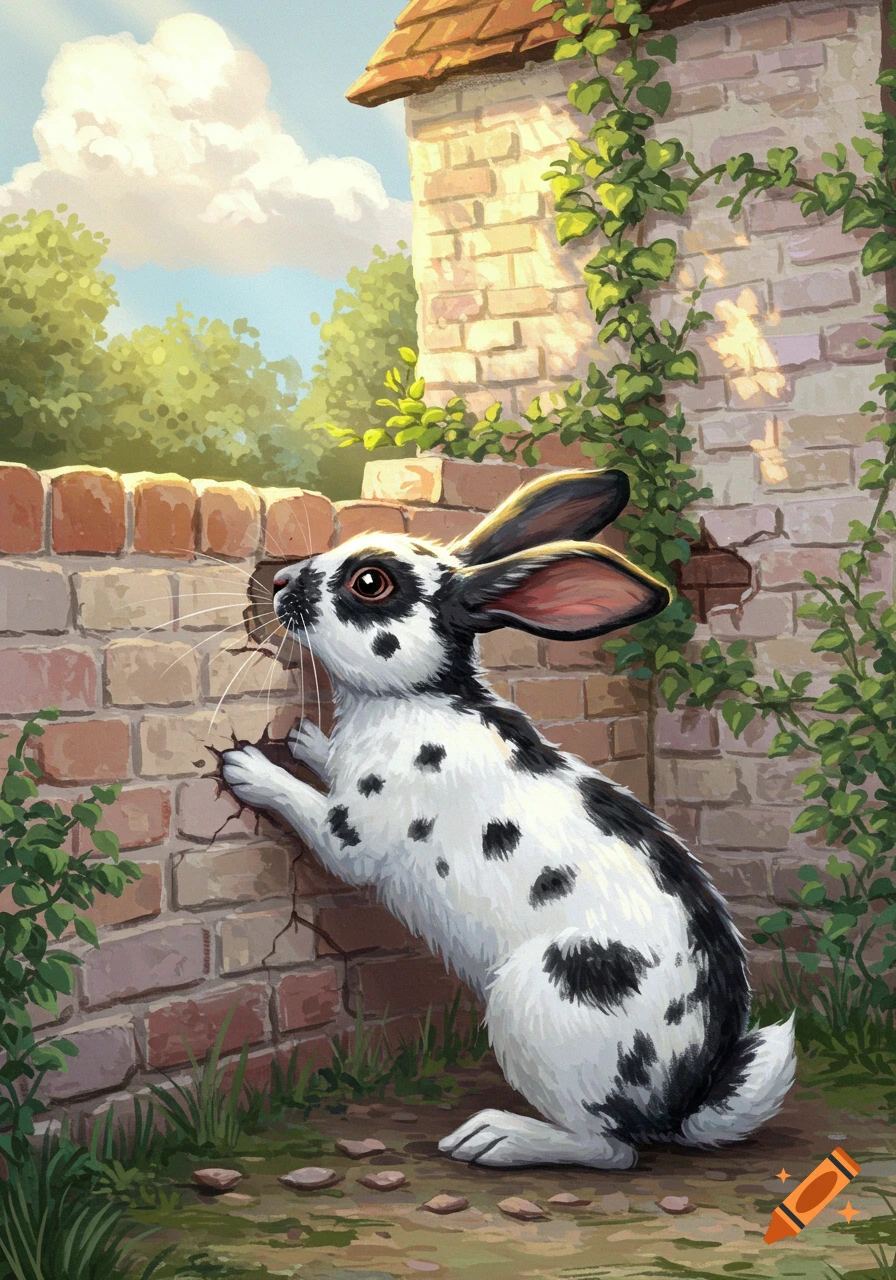 An English spot rabbit with black and white fur chews a hole in a red brick cottage wall, surrounded by ivy in an illustration.