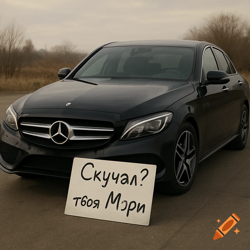 Black Mercedes sedan with a white sign reading 'Missed me? Your Mary' on an asphalt road.
