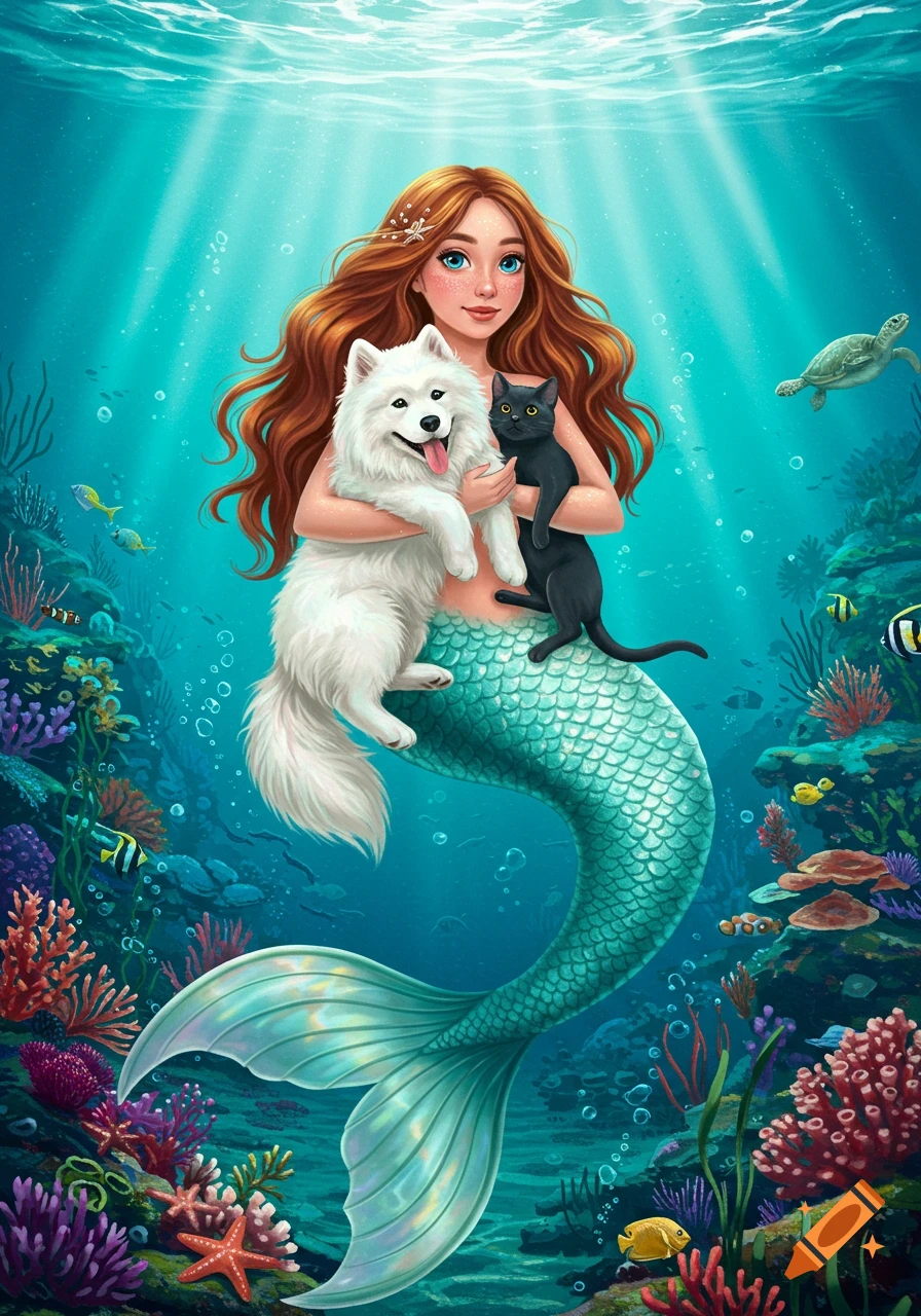 A whimsical illustration of a red-haired mermaid holding a white dog and a black cat underwater, surrounded by colorful coral and fish.