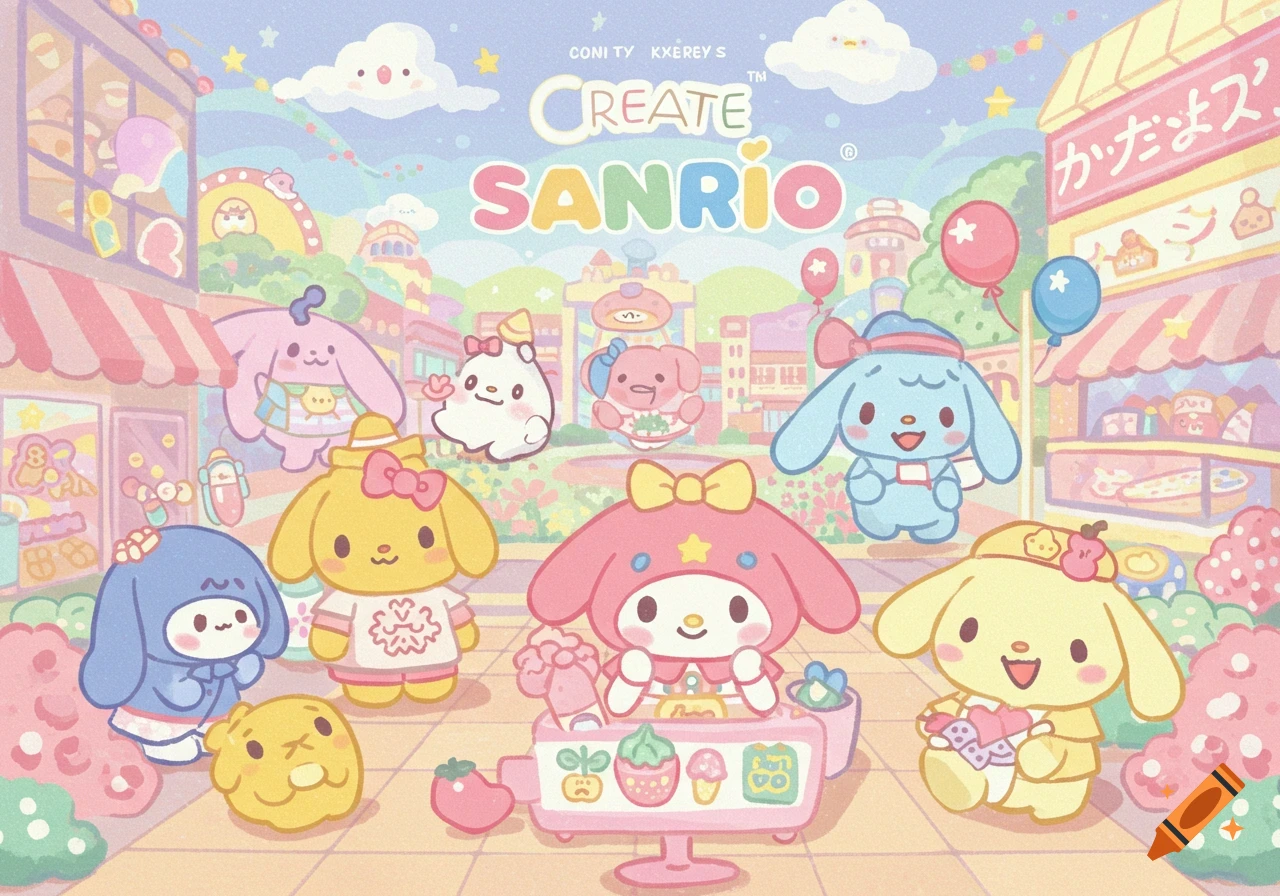 A pastel-colored cartoon illustration of various Sanrio-like characters gathered in a cheerful, bustling town square with shops and balloons. Text reads 'CREATE SANRIO'.