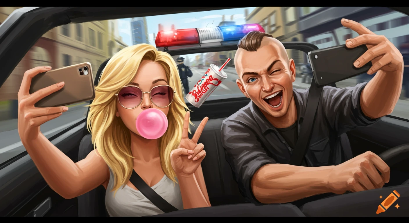 Cartoon of a blonde woman taking a selfie and a man throwing a drink from a car, pursued by police.