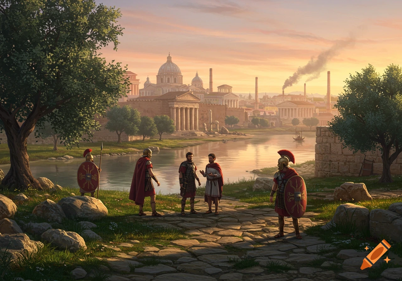 A photorealistic painting of Roman soldiers on a rocky path by a river, with an ancient city and smoking factory chimneys in the background at sunset.