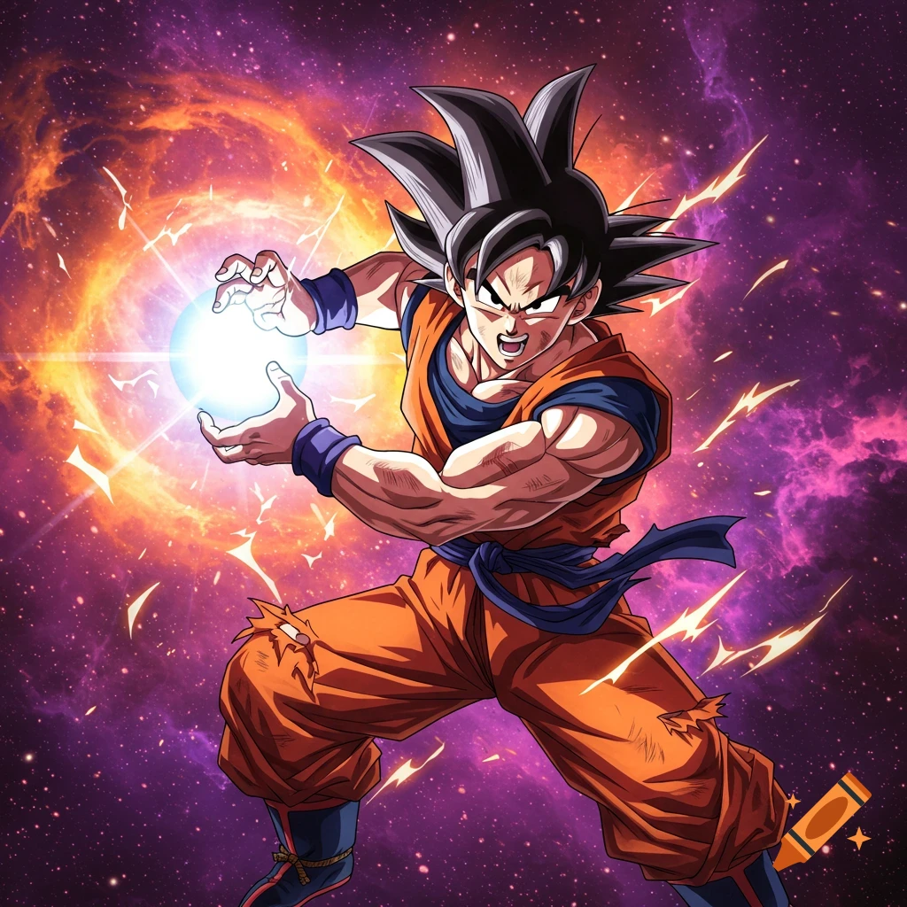 Goku from Dragon Ball charges a bright blue energy sphere in his hands, surrounded by a vibrant cosmic background.