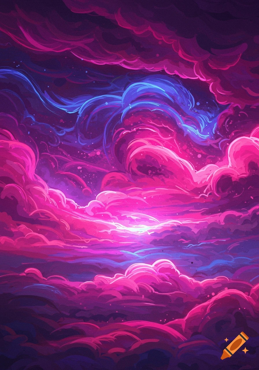 Abstract neon sky with vibrant pink, purple, and blue glowing clouds.