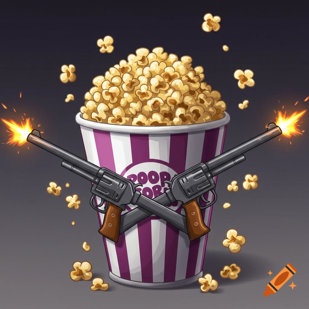 A purple and white striped popcorn bucket overflowing with popcorn, featuring two crossed revolvers firing from the front. Popcorn kernels float around the bucket in a cartoonish style.