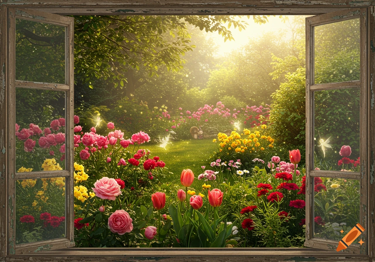 A vibrant, sunlit garden filled with colorful flowers and glowing fairies, viewed through an open wooden window.