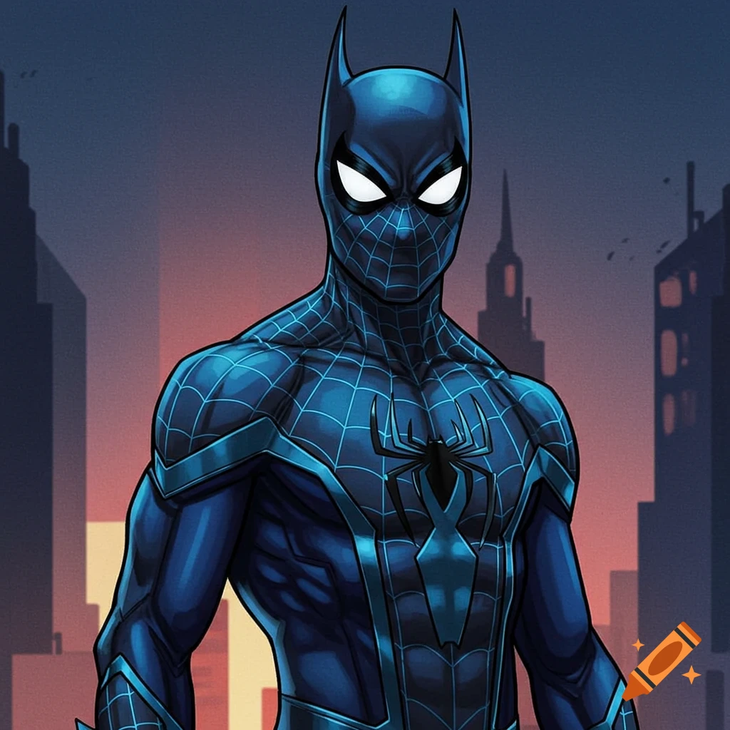 A dark blue superhero character with bat ears and a spider symbol on the chest, standing against a city skyline at sunset in a comic book style.