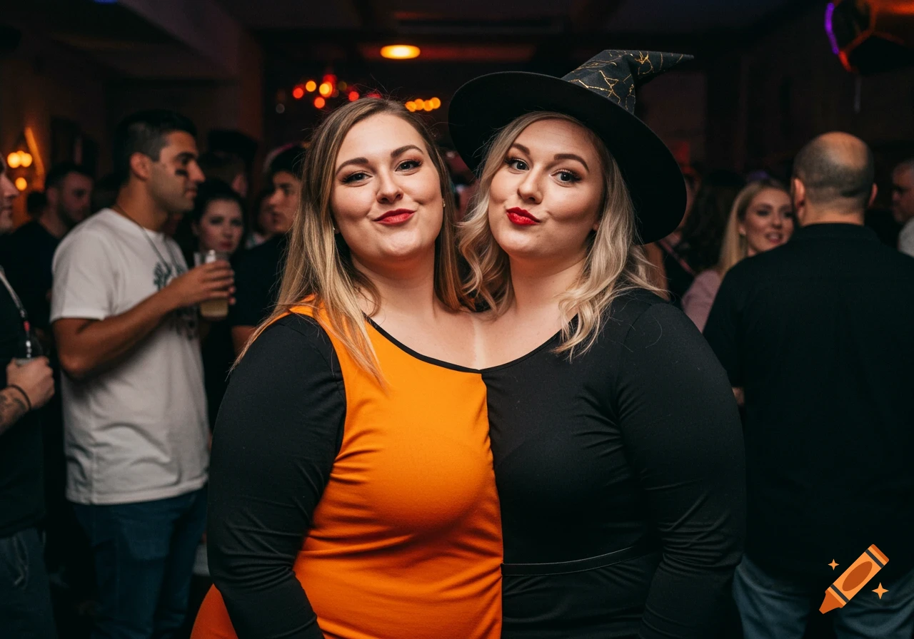 Two women in a shared orange and black Halloween costume, appearing conjoined, pose at a festive party.