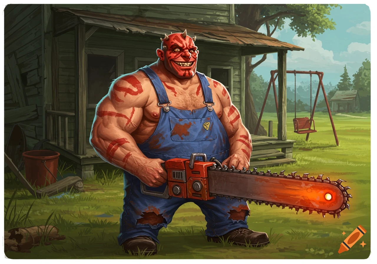 A muscular, red-skinned, horned man in ripped blue overalls grins while holding a large, glowing chainsaw in a grassy yard in front of a rustic house.