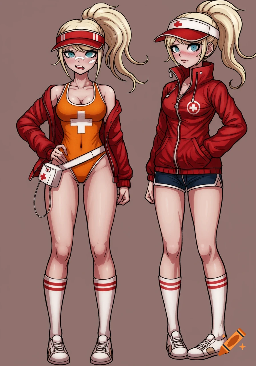 Two blonde anime-style female characters in Danganronpa art style, one in an orange swimsuit and red jacket, the other in a red jacket and blue shorts.