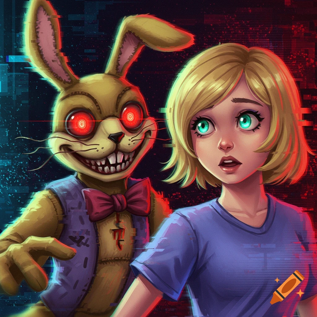 A stylized digital illustration of a blonde girl with wide eyes looking scared as a creepy, grinning rabbit character with glowing red eyes stands behind her. The background is dark with red and blue glitch effects.
