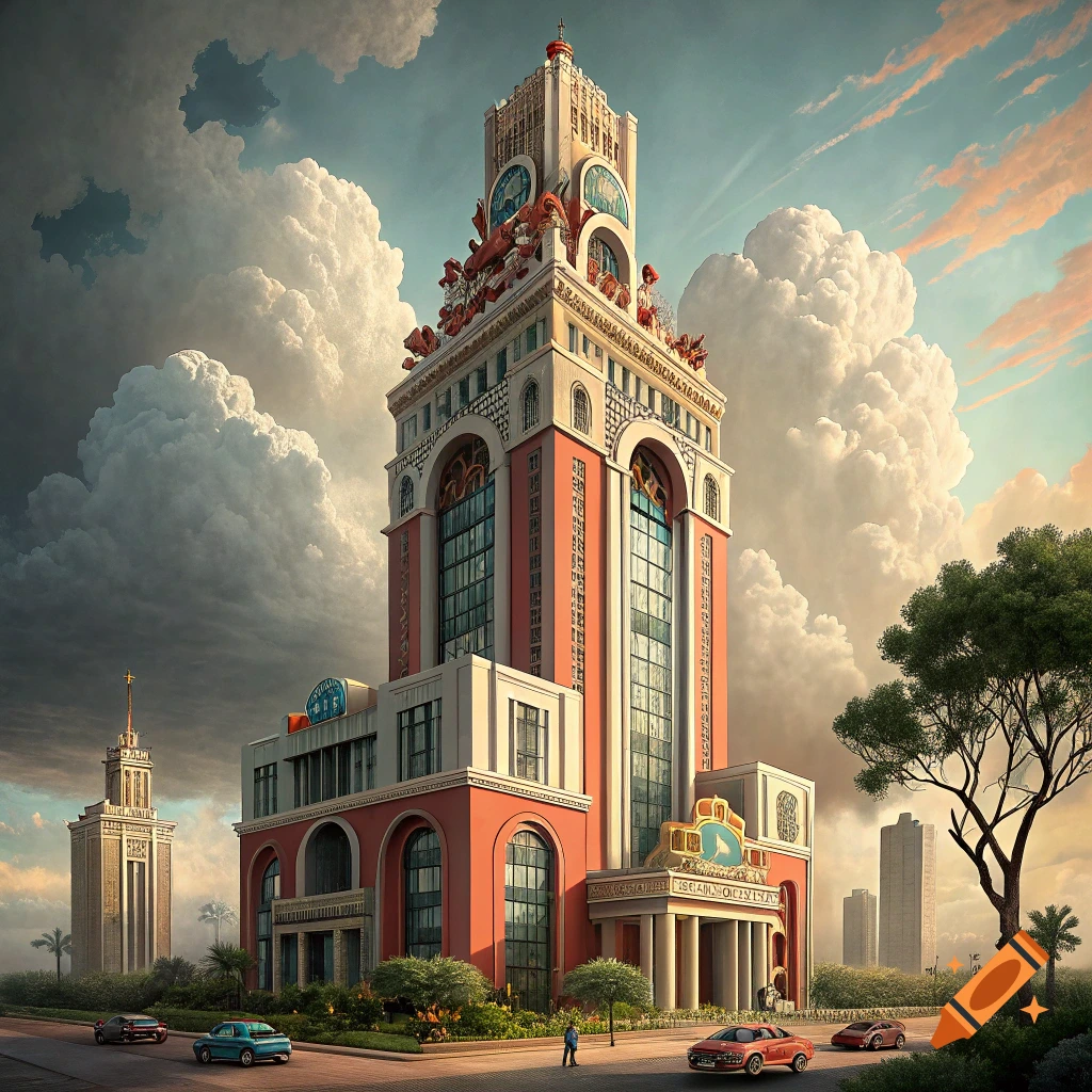 A towering postmodern building with red and white facades, large windows, and a clock tower, under a dramatic sky with cars on the street below.