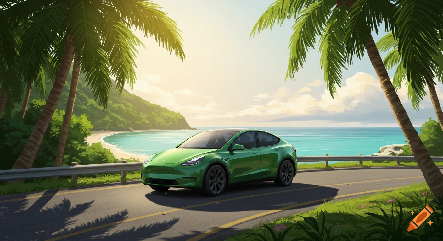 A green Tesla Model Y drives on a sunny tropical coastal road with palm trees and a turquoise ocean in a digital art style.