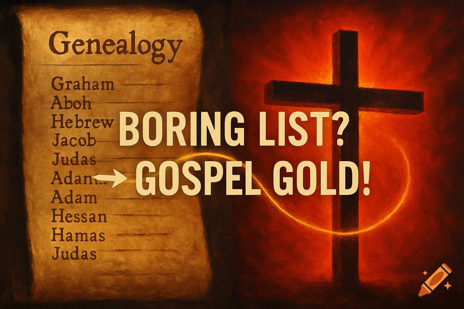A split image showing a genealogy scroll on the left with names and 'Genealogy', and a wooden cross on the right with a red glow. A golden line connects them. Overlay text reads 'BORING LIST? -> GOSPEL GOLD!'