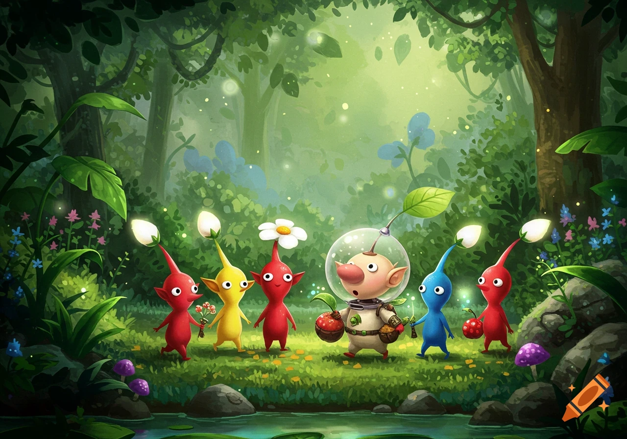 Captain Olimar and various Pikmin stand in a vibrant, lush forest, carrying fruit and flowers in a colorful, illustrative style.