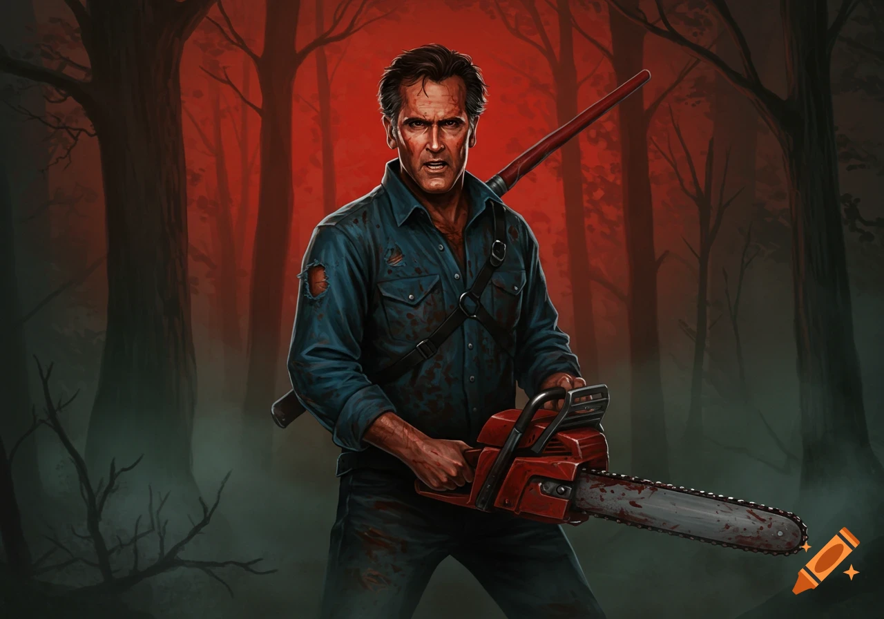 A man resembling Ash from Evil Dead, with a chainsaw and boomstick, stands in a blood-red forest.
