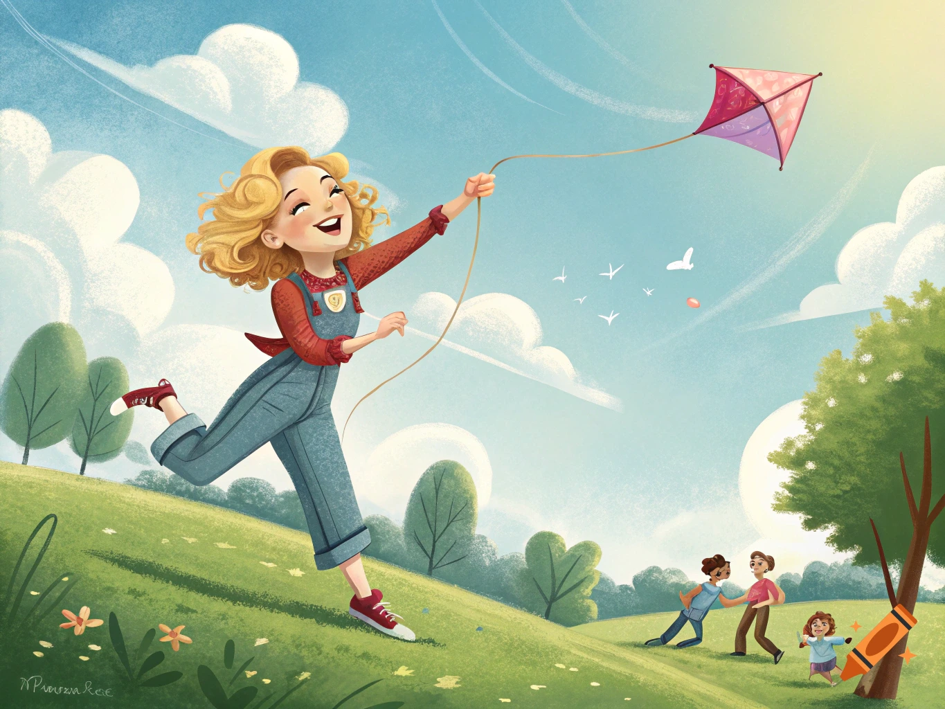 A joyful cartoon girl with blonde curly hair in overalls flies a red kite on a sunny, green hill. In the background, two adults and a child walk down the hill. Stylized illustration.