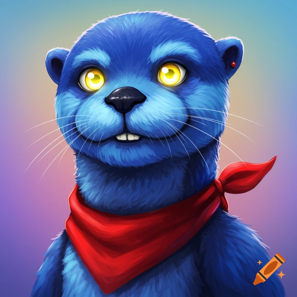 A blue otter character with glowing yellow eyes, wearing a red scarf, depicted in a digital illustration style.