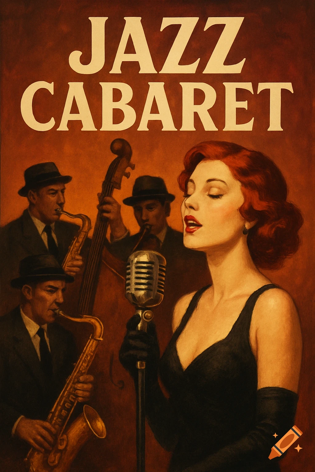 A vintage jazz cabaret poster with a female singer at a microphone and male musicians playing instruments. Text reads 'JAZZ CABARET'.