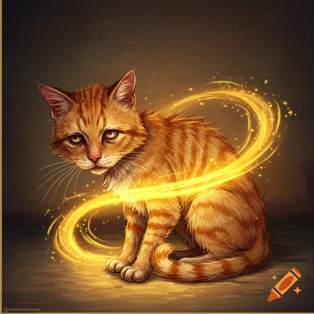 An orange tabby cat sits with glowing golden magical energy swirling around its body, surrounded by sparkling particles.