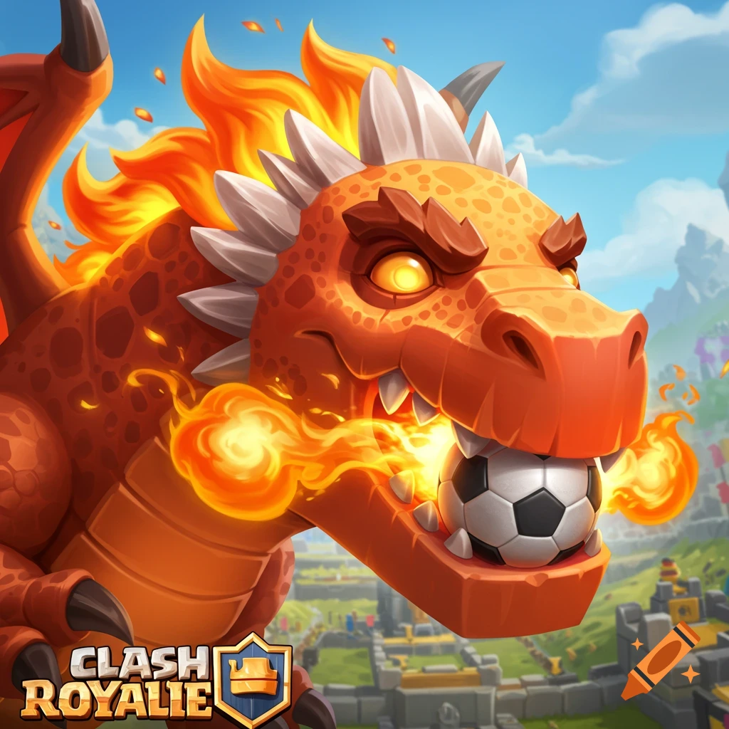 A cartoon orange dragon with fiery mane and breath holds a soccer ball in its mouth, with a fantasy castle background and Clash Royale logo.