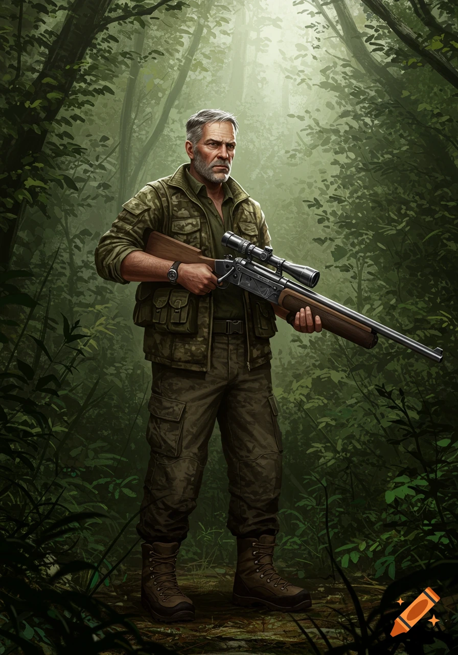A grizzled man in camouflage holding a sniper rifle stands in a lush jungle.