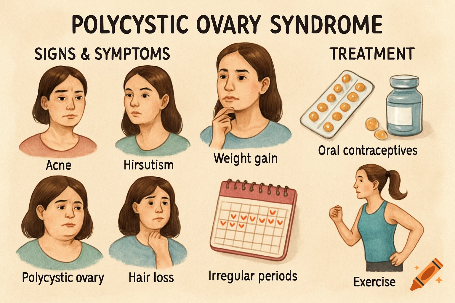 Infographic illustration about Polycystic Ovary Syndrome (PCOS) showing symptoms and treatments.