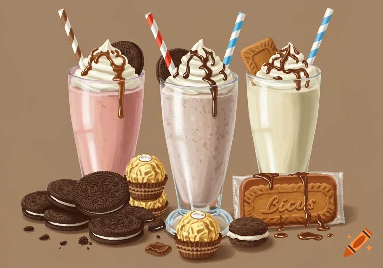 Three milkshakes with whipped cream, chocolate syrup, straws, and various cookies including Oreos, Ferrero Rocher, and a Biscoff biscuit.