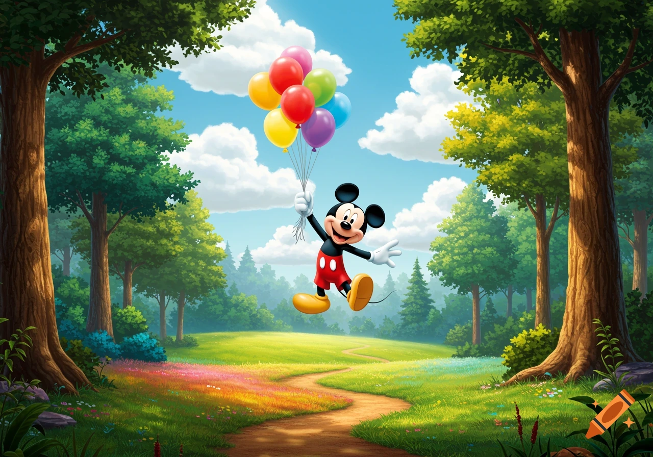 Mickey Mouse floats above a forest path, holding a colorful bunch of balloons, under a blue sky.