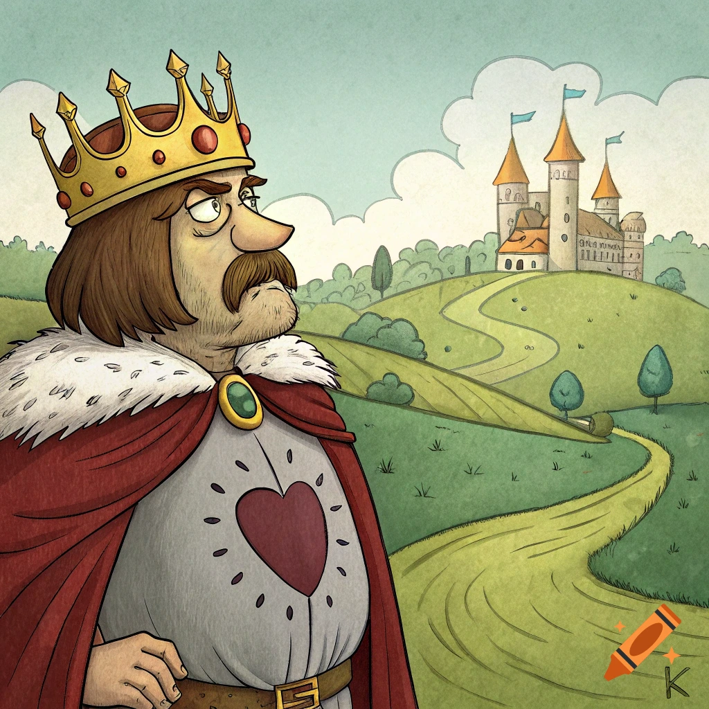 A cartoon king with a crown and red cape stands in a landscape, looking towards a castle on a hill with a winding path.