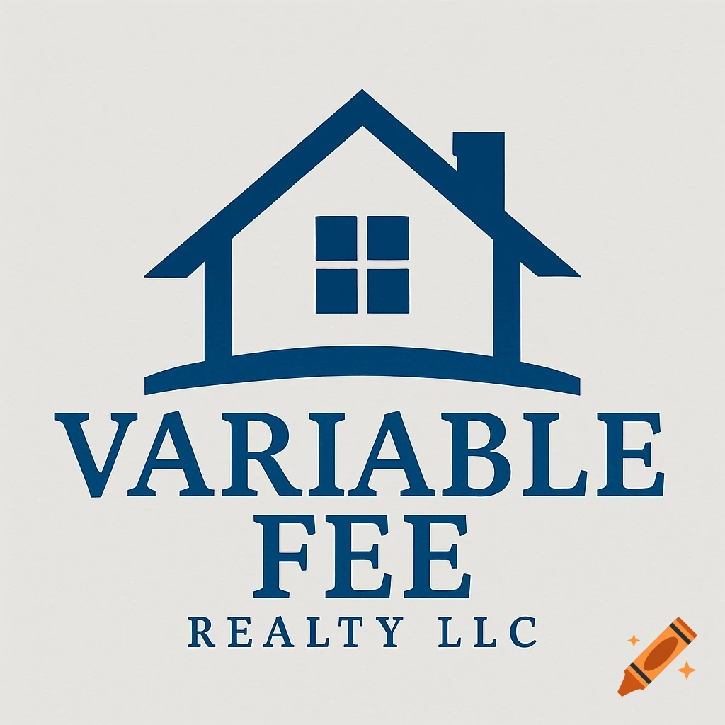 Blue and white logo for Variable Fee Realty LLC featuring a house icon.