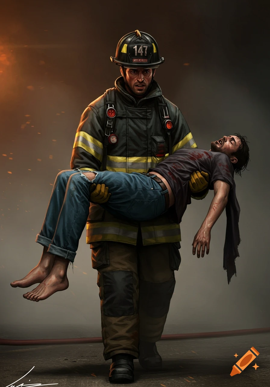 A firefighter in full gear carries an injured, barefoot man with ripped jeans away from a smoky, fiery background.