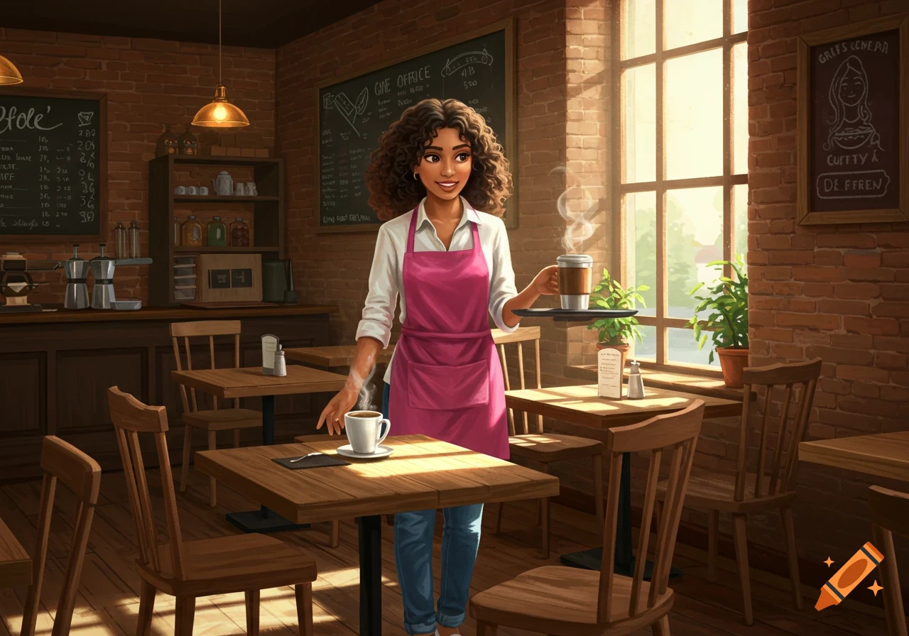 An illustrated woman with curly hair wearing a pink apron serves coffee in a cozy cafe with brick walls and large windows.