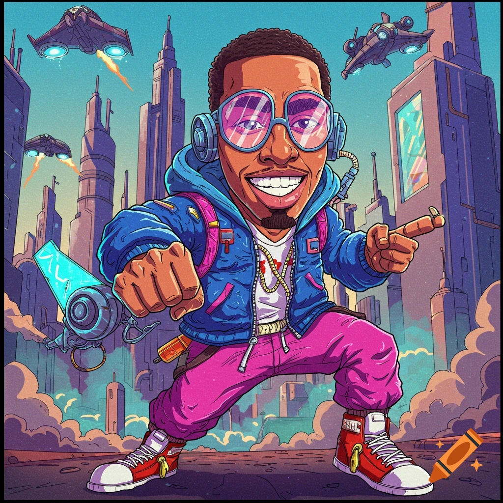 A vibrant cartoon character with a large head, pink glasses, and headphones, in a futuristic city with flying vehicles.