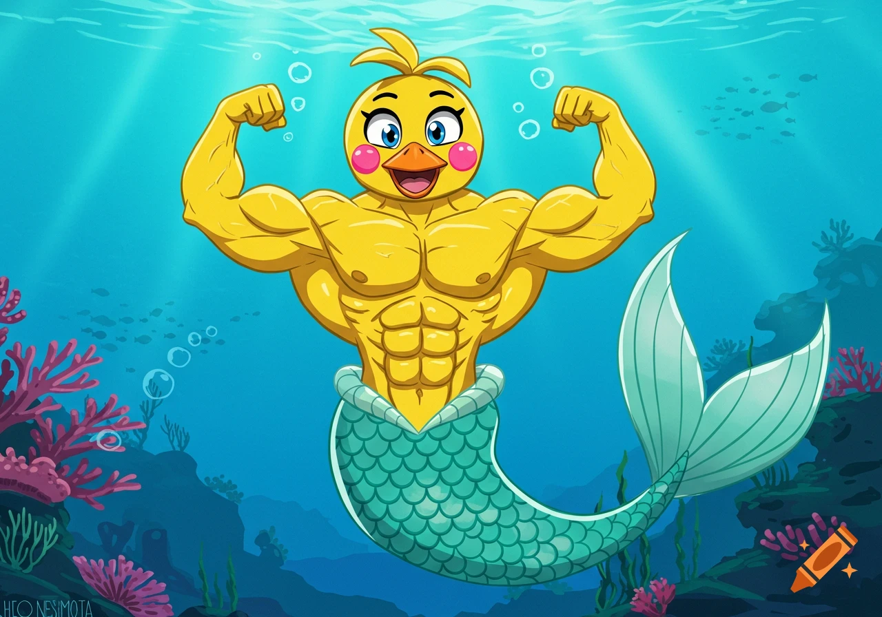 A muscular yellow cartoon chicken character with a mermaid tail flexes biceps underwater in a colorful coral reef.