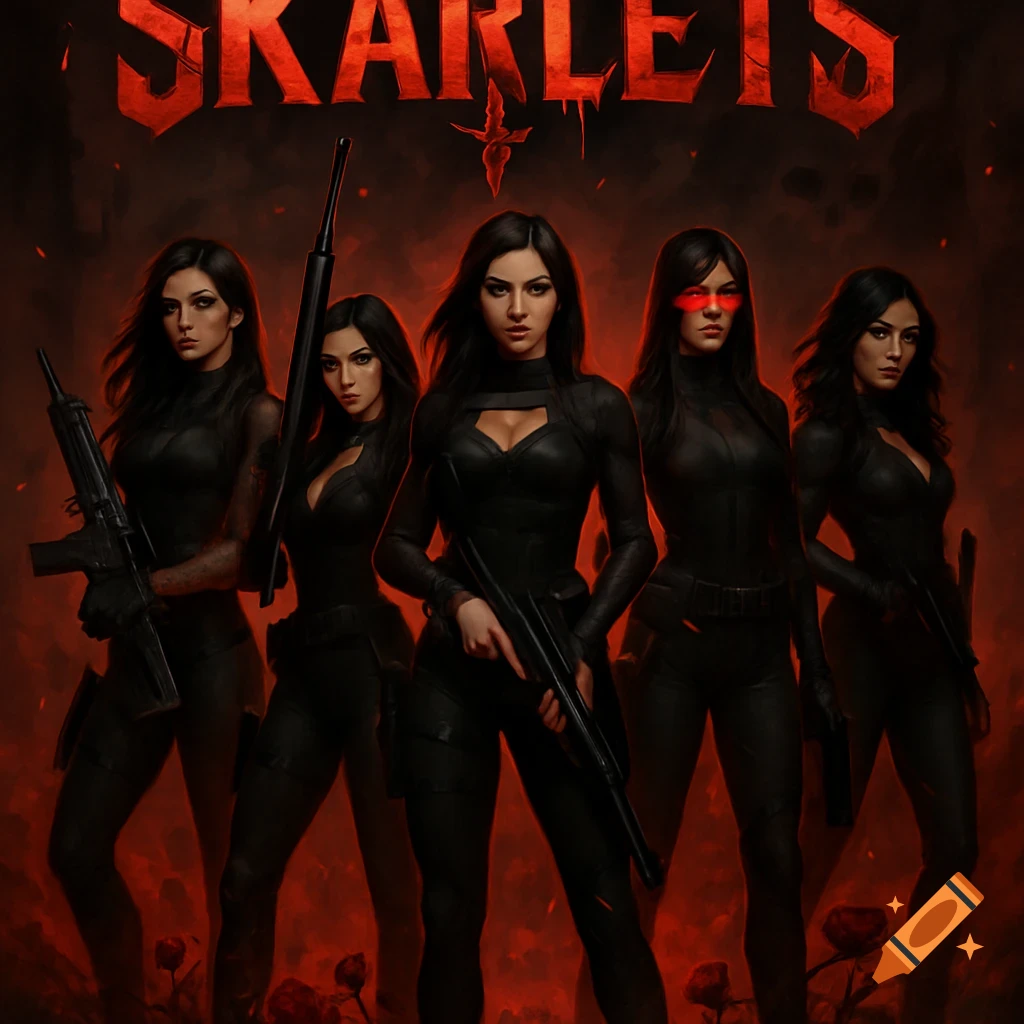 Five women in black tactical gear stand holding rifles and pistols against a dark, smoky red background, with "SKARLETS" in large red letters above them.