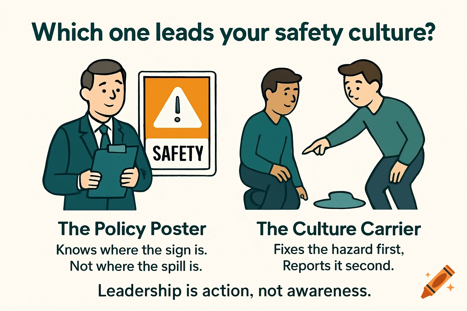 Cartoon illustration comparing safety culture: a man with a clipboard by a safety sign vs. two men fixing a spill.