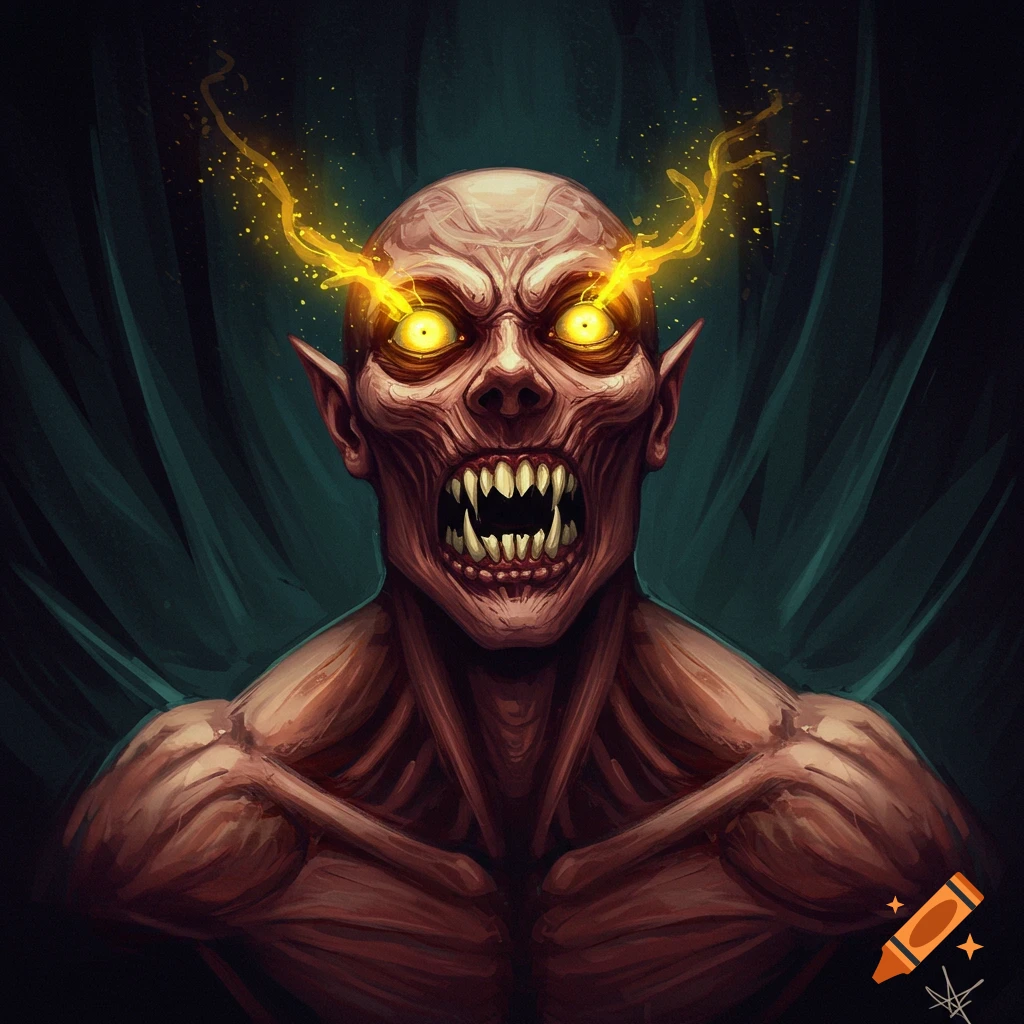 Close-up of a grotesque creature with glowing yellow eyes, sharp teeth, and exposed musculature, in a digital painting style.