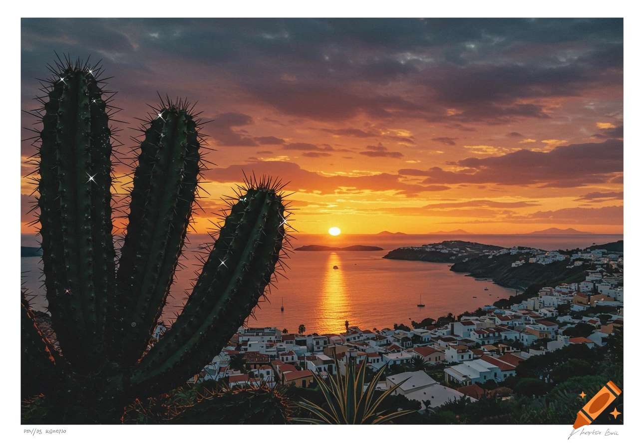 Graphic illustration of a large cactus with sparkling spines overlooking a vibrant orange sunset over a coastal town and bay.