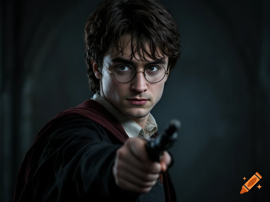 A young man resembling Harry Potter, wearing glasses and a dark robe, points a wand directly forward in a dark setting.