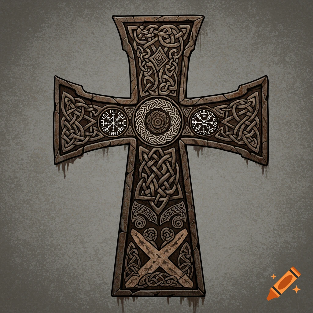An ornate Celtic cross with intricate knotwork and Viking symbols on a textured stone background.