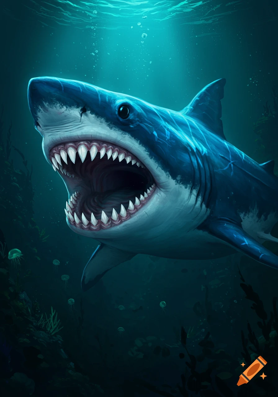A close-up, dynamic digital illustration of a great white shark with its mouth wide open, revealing rows of sharp teeth, swimming in deep blue water with underwater plants and jellyfish.