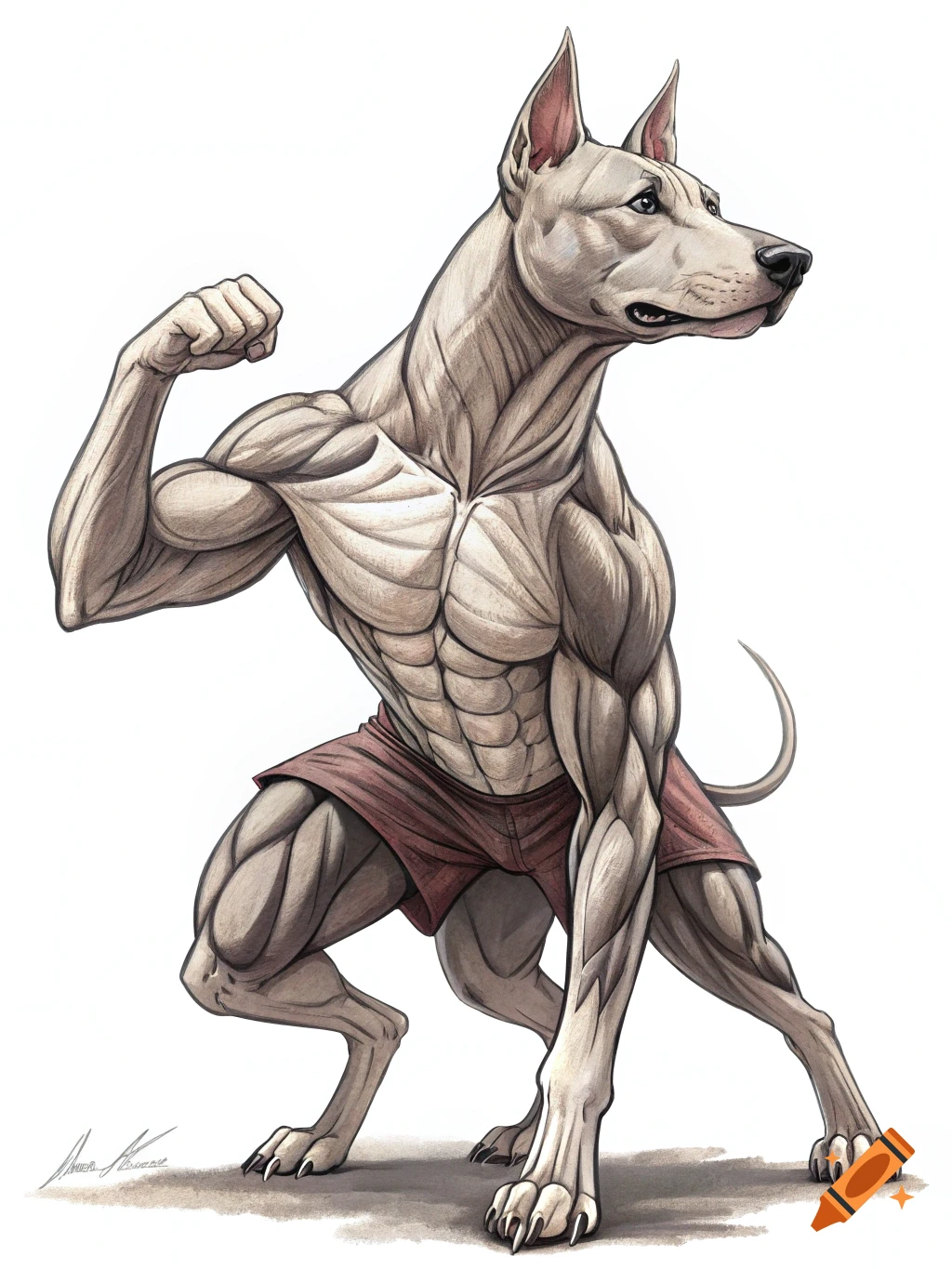 An anthropomorphic dog with highly defined muscles flexing its bicep, wearing red shorts, on a white background in a detailed illustration style.